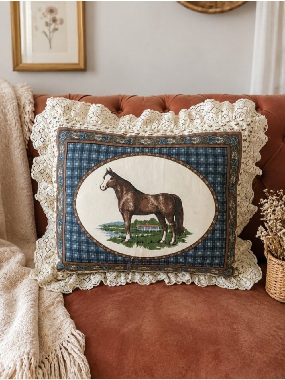 Vintage Horse Tapestry Pillow Large Blue Plaid Lace Accent